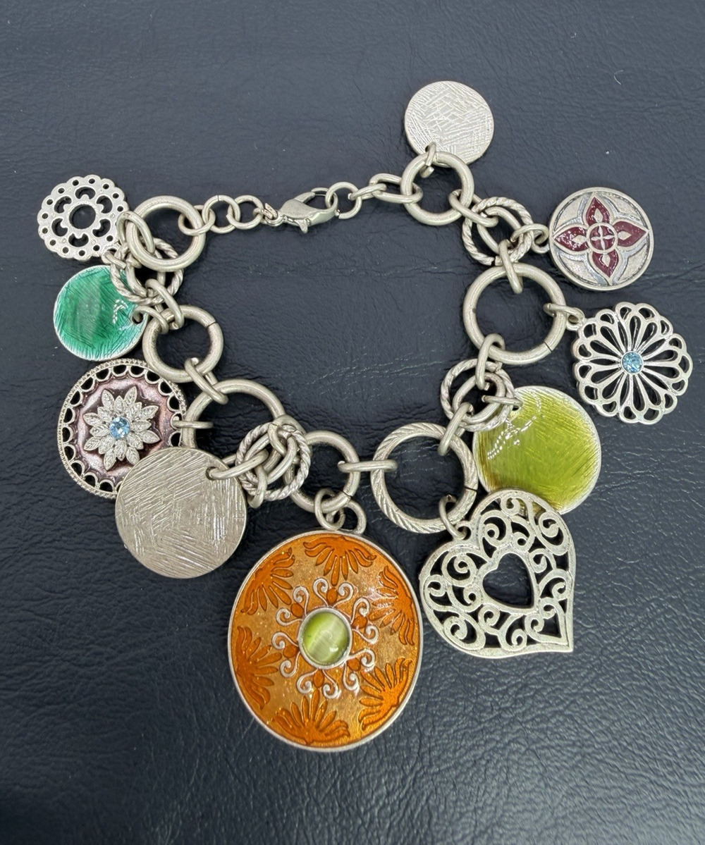 Filigree Disc Heart Charm Bracelet Enamel & Silver Tone Chunky